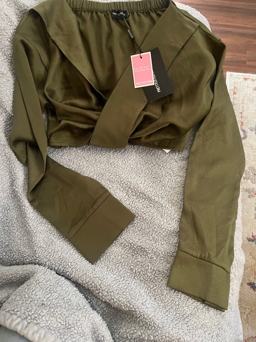 PrettyLittleThing Olive Satin Twist Front Crop Top